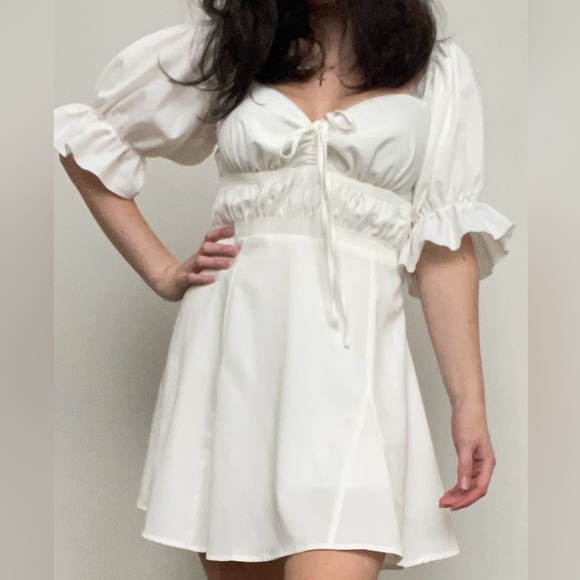 Pretty White Puff Sleeve Mini Dress - Picture 1 of 3